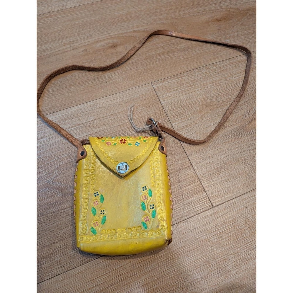 Vtg 70s Leather Purse Mexico HandTooled Orange Flower Hippie Boho Pouch Mini BAG